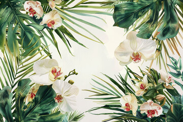 Wall Mural - A painting of a tropical scene with a large white flower in the center