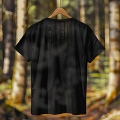 Wall Mural - A mockup of a black T-shirt with short sleeves is hanging on a hanger on the street