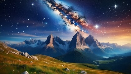 Wall Mural - A range of majestic mountains under a starry night sky, with the Milky Way visible, creating