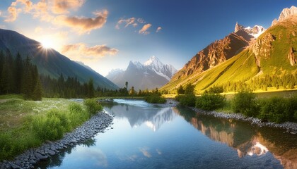 Wall Mural - A tranquil mountain scene with a river winding through the base, reflecting the towering pea