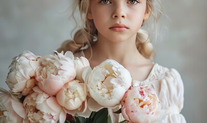 Wall Mural - Little girl holding bouquet of peonies