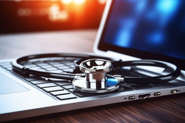 Stethoscope on laptop keyboard
