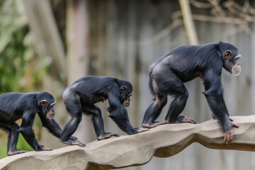 Canvas Print - a chimpanzee family at the zoo in krakow, poland, the family is walking on a wooden bridge