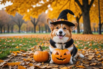 cute corgi dog in fancy black hat sitting in autumn park with pumpkin for halloween