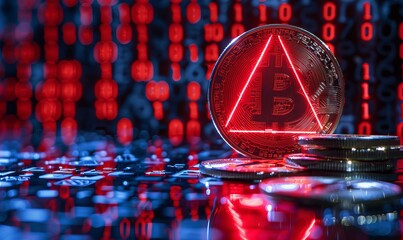 Wall Mural - Bitcoin on red triangle in front of binary codes