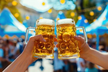 Wall Mural - two people toasting with beer glasses at a beer festival