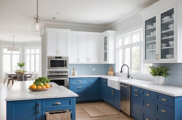 Sticker - Modern kitchen with blue cabinets white countertops and large window