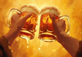 Wall Mural - two hands holding two mugs of beer