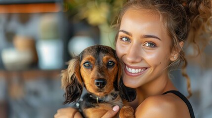 Wall Mural - A beaming woman wearing a black tank top tightly hugs her small black and brown dog in a sunlit indoor environment, showcasing their strong bond and mutual affection.