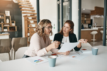 Fototapete - Documents, business people or analyst in meeting for results, performance report or sales portfolio. Research, talking or women with agenda paperwork or project notes for teamwork, trends or planning
