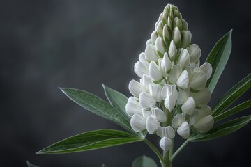Wall Mural - Lupine flower stands out with its dense, colorful spikes, glowing softly against a dark backdrop. The palmate green leaves provide a perfect contrast to its striking charm.
