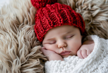 Wall Mural - Newborn baby sleeping on a white blanket wearing 