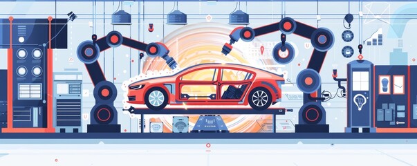 Wall Mural - Futuristic automated vehicle assembly line with advanced robotic arms