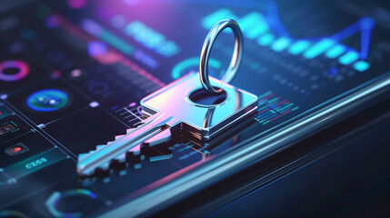 A shiny key placed on a digital screen with various data graphs, representing cybersecurity and data protection concepts.