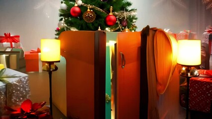 Poster - festive scene with beautifully decorated Christmas tree and gifts underneath. The camera zooms in on a gift box, which is opened to reveal a festive decoration close-up