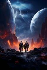 Wall Mural - two astronauts are standing in front of a vast planet in outer space