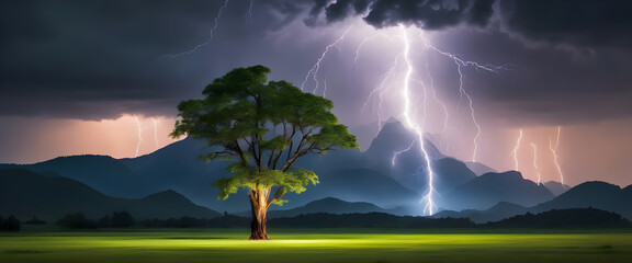 Isolated Lone Tree in a Thunderstorm: Lightning Strikes Over Field and Dramatic Landscape