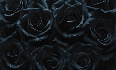 a bouquet of dark black roses flowers. abstract black floral background for banner or mourning moody