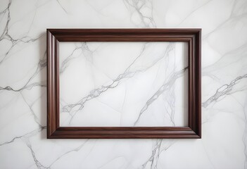 Empty dark raw wood frame, inner free space, white marble wall behind it