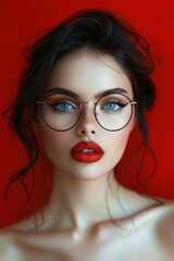 A close-up of an elegant black-haired model with blue eyes, vibrant make-up and red lips, wearing large black glasses posing in front of a red background. Fashion make-up style photo shoot.