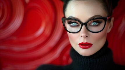 A close-up of an elegant black-haired model with blue eyes, vibrant make-up and red lips, wearing large black glasses posing in front of a red background. Fashion make-up style photo shoot.