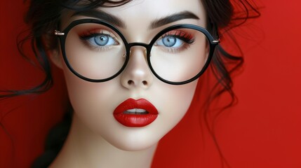 A close-up of an elegant black-haired model with blue eyes, vibrant make-up and red lips, wearing large black glasses posing in front of a red background. Fashion make-up style photo shoot.