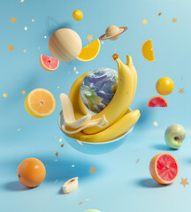  A bowl of fruit floats in the air, surrounded by planets and stars against a blue background, captured in the style of advertising photography.




