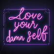 © sunaiart - neon sign with the words 'love your damn self' in pink on black background.