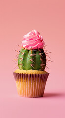 Wall Mural - Cupcake cactus against pink background.Minimal creative food and natural concept.