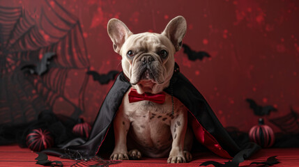 Wall Mural - A French Bulldog sits in front of a red background, dressed in a black cape and red bow tie, looking like a vampire