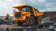 © Login - Hauling ore in a huge dump truck over the terraced paths of a deep open pit mine. The concept of developing a deposit of something. Large-scale mining operations. Illustration for varied design.
