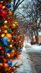 Wall Mural - Christmas trees decorated with colorful ornaments and lights line a snowy street