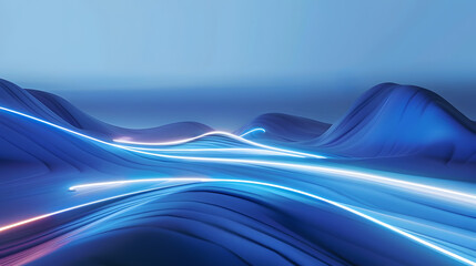 Wall Mural - 3D render landscape of smooth blue wave with glowing edges on background. AIG53F.