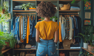 Young Woman Choosing Outfit from Stylish Organized Wardrobe Closet in Cozy Home Setting, Surrounded by Plants, Casual and Trendy Clothing, Morning Routine