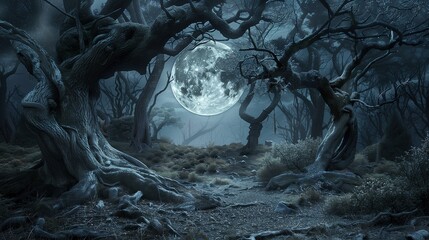 Wall Mural - An_ancient_forest_with_gnarled_trees_and_a_full_moon_cast_night_horror_scene