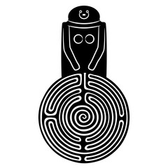 Wall Mural - Neolithic female sculpture on a round spiral maze or labyrinth symbol. Great Mother archetype. Tuscany idol from Fivizzano, Italy. Black and white silhouette.