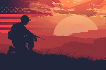 Memorial Day concept for American Flag and Soldier honor silhouette flat illustration brush stroke background with copy space for text