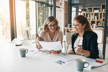 Poster - Paperwork, financial or analyst in meeting for report, performance results or sales portfolio. Research, smile or happy business women with documents or project notes for teamwork, trends or planning