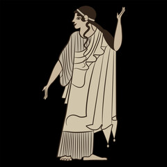 Sticker - Standing ancient Greek woman in a long dress. Ethnic vase painting style. On black background.