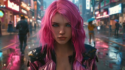 Poster - A girl with pink hair is walking in the rain. Generate AI image