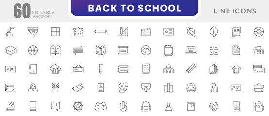 Back to school line icons set. Education, learning, school, online school, outline education, graduation, study, lesson, book, telescope, backpack and bus outline icon collection. 