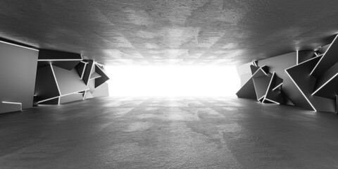 Wall Mural - Abstract geometric tunnel with white neon lights in a concrete space 3d render illustration