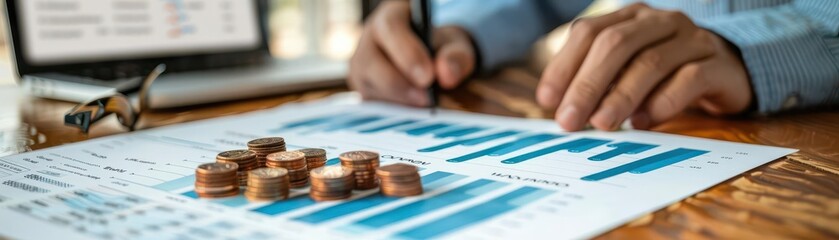 Hand analyzing financial data with coins and graphs for the business.