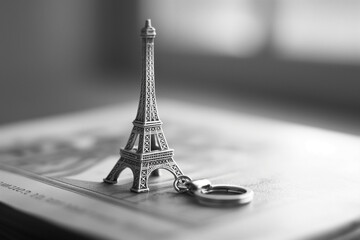 A miniature Eiffel Tower keychain bathed in warm afternoon light, casting a long dramatic shadow on a crisp white Parisian market stall.