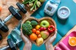 © Maxim Borbut - Choosing healthy food and eating clean health dietary in heart dish with sporty fitness gym equipment, body weight scale and sports shoes in fitness center.