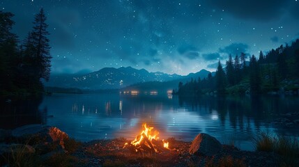 Camping fire under the starry sky with many stars and clouds. Travel and recreation outdoor activity.