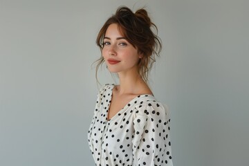 Sticker - Portrait of a woman in a white polka dot blouse against a gray background. Studio portrait with natural lighting.