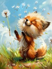 Wall Mural - A cartoon fox depicted in watercolor, standing in a sunny meadow dotted with dandelions under a clear blue sky.