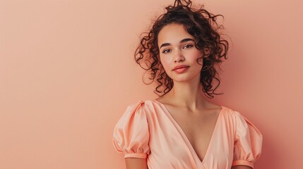 Sticker - Beautiful Young Woman Portrait, Peach Background, Curly Hair, Elegant Dress, Serene Expression, Studio Shot, Natural Look, Copy Space