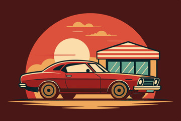 A t-shirt design with a vintage muscle car in front of a retro diner backdrop. t-shirt design like round